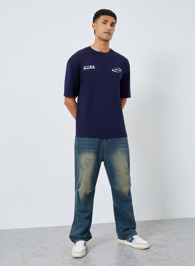 Styli Men Navy Blue Oversized Graphic Print T-Shirt - Image 2