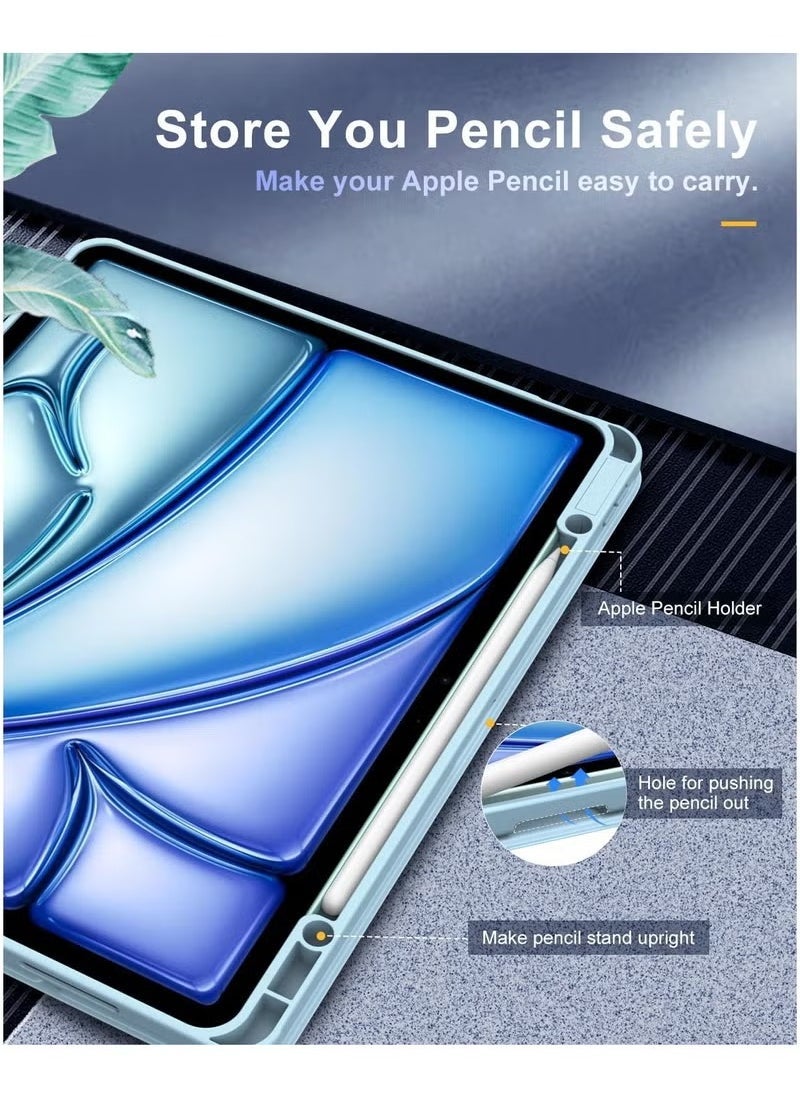 DUSALA Case for New iPad Air 13 Inch M3 M2 (2025/2024) with Pencil Holder – Slim Lightweight Stand Cover in Blue | Transparent Hard Back Shell + Magnetic Auto Wake Sleep Function | Smart Trifold Design for Typing & Viewing | Compatible with Apple Pencil Charging - Image 3