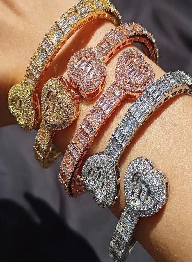 Jacruces Gold Bracelets Bangle Bracelets for Women Adjustable Heart Cuff Bracelets Cubic Zirconia Iced Out Bracelet Men Women Trendy Wedding Bridesmaids Bling Hip Hop Jewelry Mothers Day Gifts 7inch - Image 4