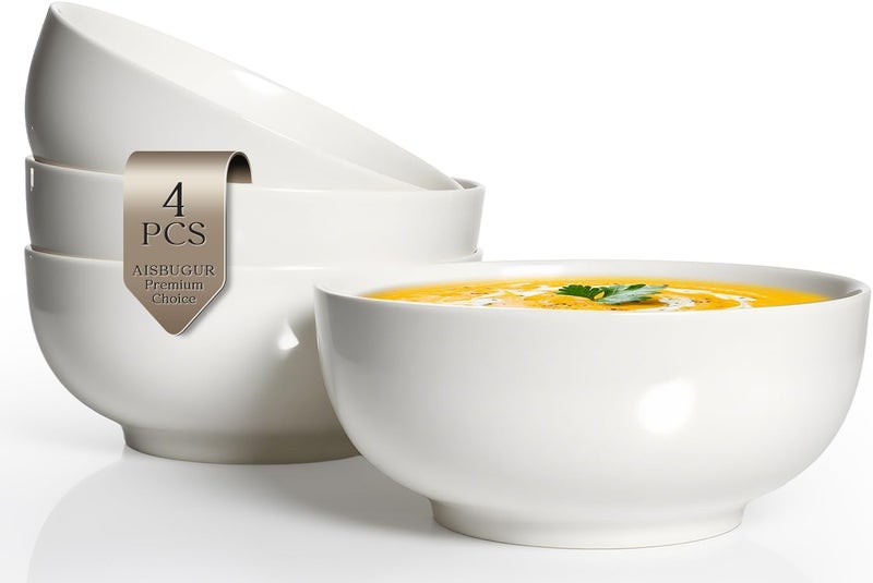 AISBUGUR 39 OZ Large Soup Bowls,Porcelain Salad Bowls Set of 4,Pho Bowls for Soup,Salad,Cereal,Pasta,Fruit,White Bowls Set for Dishwasher & Microwave Safe - Image 1