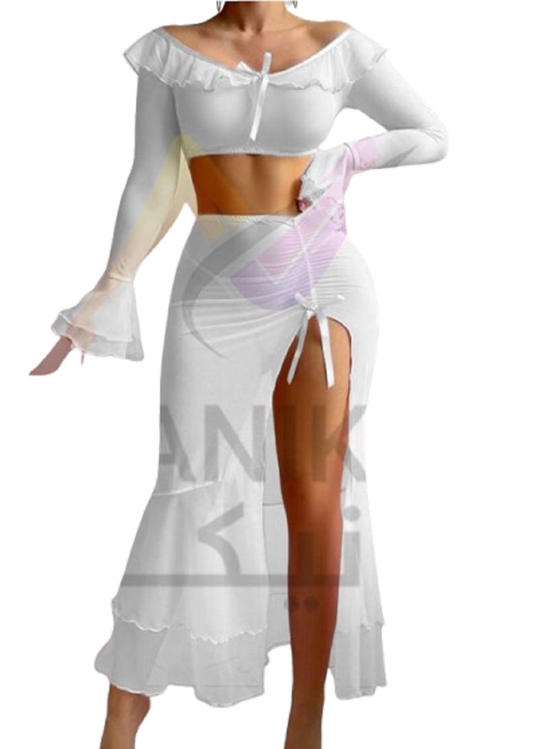 MANIKAN Women's Two-Piece Set Off-Shoulder Crop Top with Flared Long Sleeves and High-Slit Maxi Skirt Featuring Ruffle Details