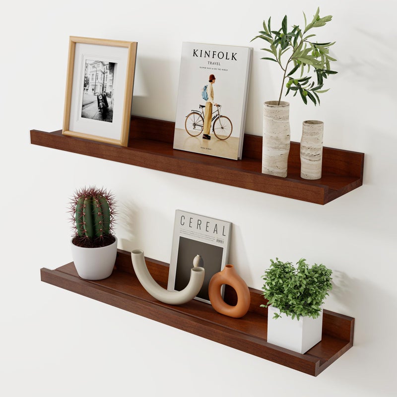 Acovy Floating Shelves for Wall, 24 inch Solid Wood Picture Ledge Shelf, Picture Shelf for Wall with Ledge, Floating Book Shelves for Living Room Bedroom Kitchen Nursery Decor, Walnut, Set of 2 - Image 1
