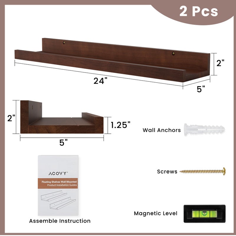 Acovy Floating Shelves for Wall, 24 inch Solid Wood Picture Ledge Shelf, Picture Shelf for Wall with Ledge, Floating Book Shelves for Living Room Bedroom Kitchen Nursery Decor, Walnut, Set of 2 - Image 3