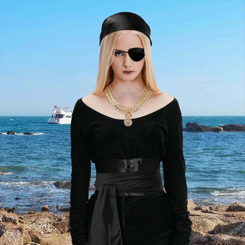 WYVAS Pirate Costume Accessories Set for Women Pirate Head Scarf Pirates Sash Belt Necklace Bracelets Eye Patch Earrings Dress Accessories for Cosplay Party Dress-Up Parties Carnival (Black) - Image 5