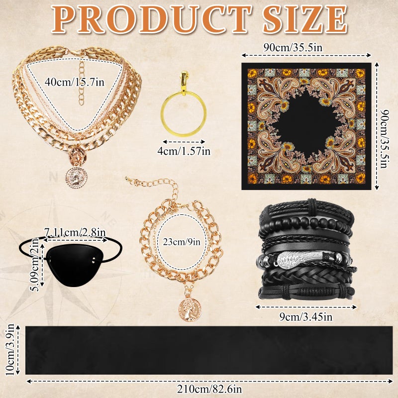 WYVAS Pirate Costume Accessories Set for Women Pirate Head Scarf Pirates Sash Belt Necklace Bracelets Eye Patch Earrings Dress Accessories for Cosplay Party Dress-Up Parties Carnival (Black) - Image 2