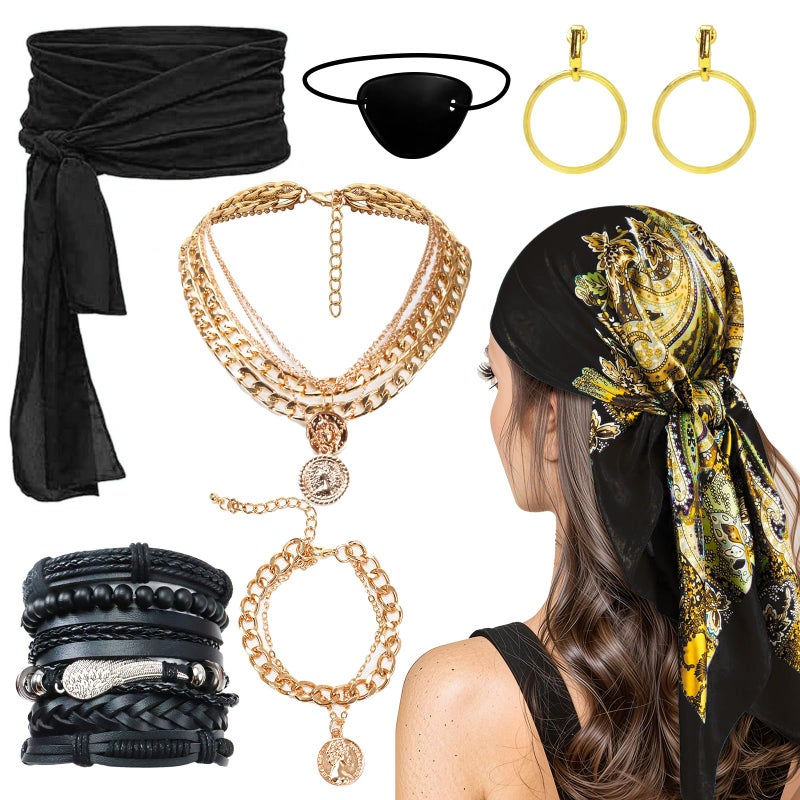 WYVAS Pirate Costume Accessories Set for Women Pirate Head Scarf Pirates Sash Belt Necklace Bracelets Eye Patch Earrings Dress Accessories for Cosplay Party Dress-Up Parties Carnival (Black) - Image 1