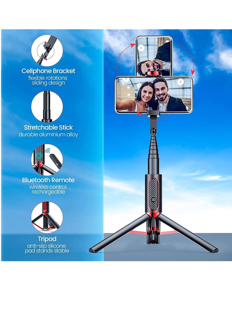 TYCOM - Tycom Selfie Stick For Phone Size 4.5-6.2Inch, Extendable to 160cm Selfie Stick Tripod with Bluetooth Wireless Remote Phone Holder (AB202-195RD) - Image 1