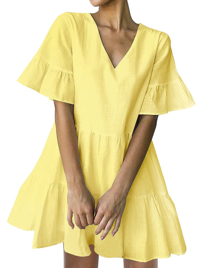FANCYINN Women Ruffle Shift Dress with Pockets Bell Sleeve V Neck Loose Swing Tunic Mini Dress for Summer Light Yellow M - Image 1