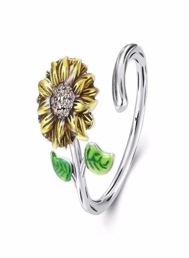Qings Sunflower Adjustable Ring for Women 925 Sterling Silver Flower Open Rings You are My Sunshine Wrap Ring Birthday Gift for Ladies - Image 1