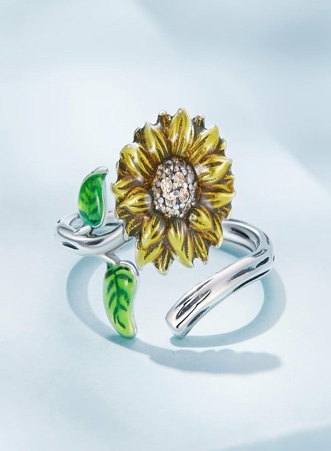 Qings Sunflower Adjustable Ring for Women 925 Sterling Silver Flower Open Rings You are My Sunshine Wrap Ring Birthday Gift for Ladies - Image 3