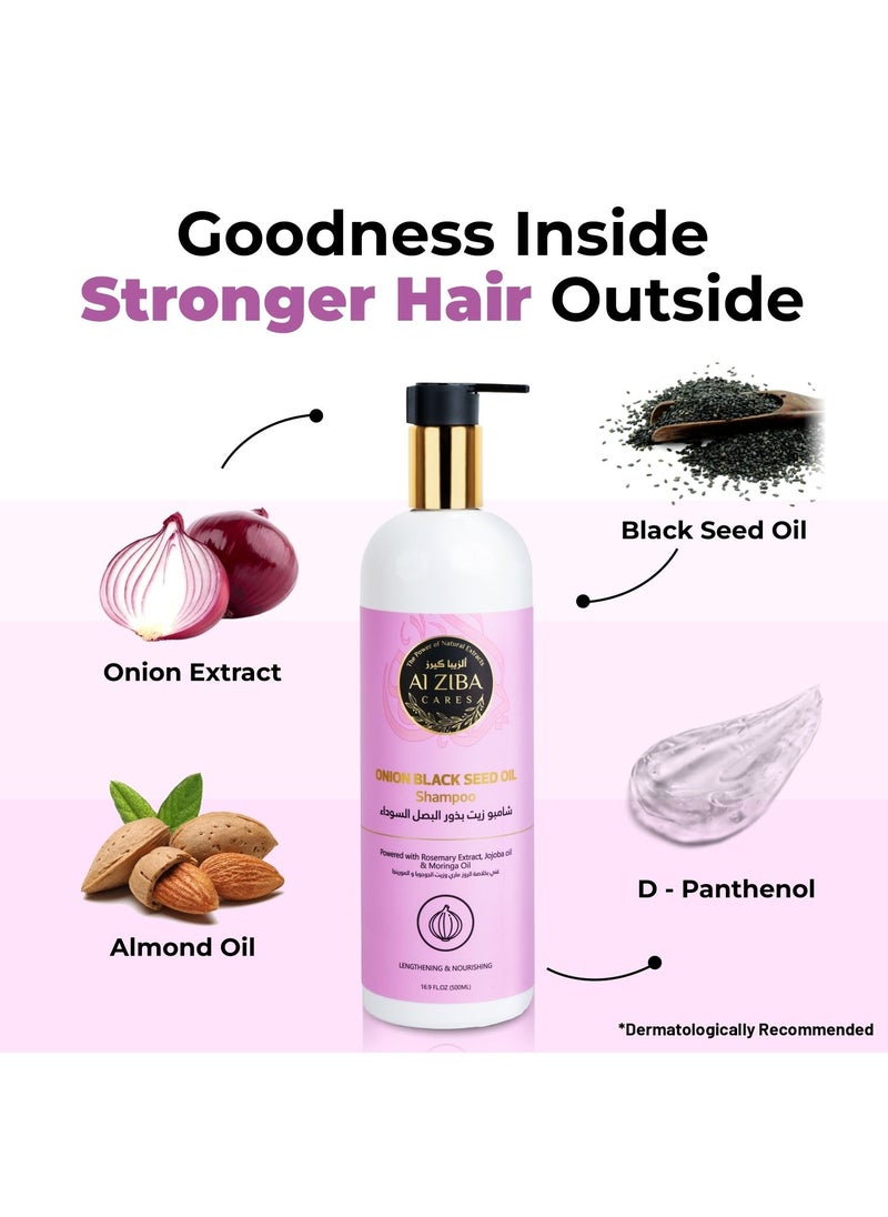 ALZIBA CARES - Black Onion Seed Oil Shampoo with Rosemary Extract, Jojoba Oil and Moringa Oil for Hair Lengthening - 500 ml - Image 1