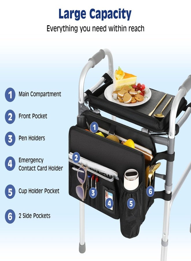 MoKo Walker Basket Bag with Tray, Upgraded Detachable Walker Tray for Folding Walkers with Non-Slip Mat, Large Storage Bag with Multi-Pockets and Cup Holder, Walkers Accessories for Senior, Black - Image 3