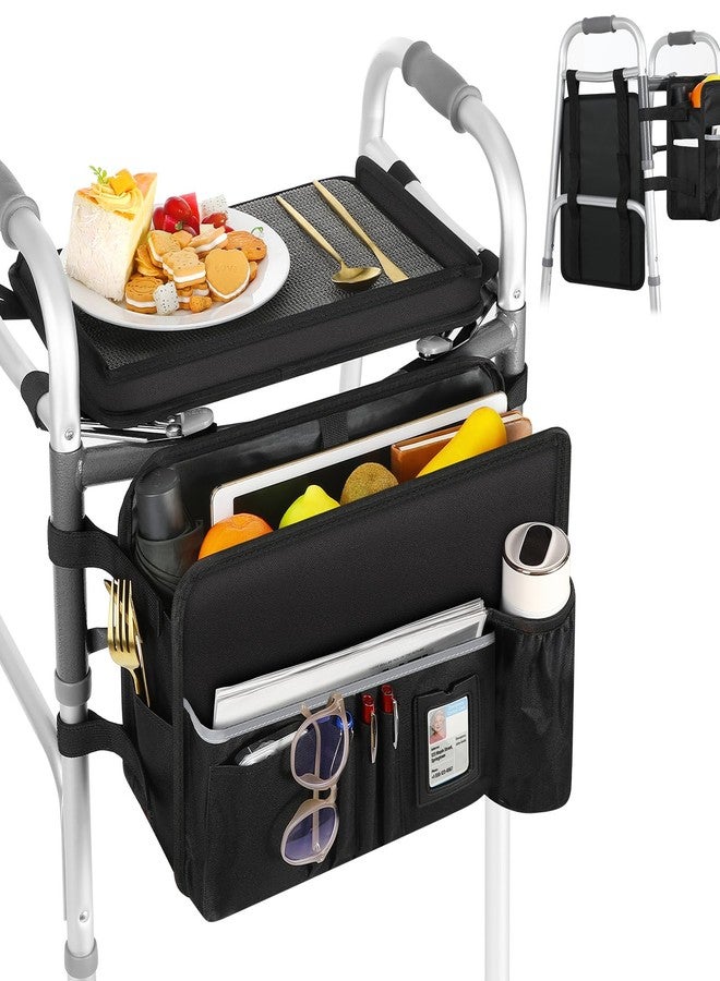 MoKo Walker Basket Bag with Tray, Upgraded Detachable Walker Tray for Folding Walkers with Non-Slip Mat, Large Storage Bag with Multi-Pockets and Cup Holder, Walkers Accessories for Senior, Black - Image 1
