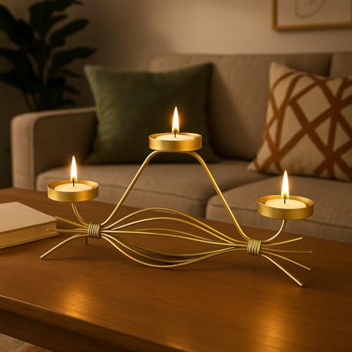 CORALTREE CORAL TREE Handcrafted Golden Metal Tea Light Candle Holder Stand, Elegant Wire Design, 3-Tea Light Display, Gold, 3 Tea Candle Holder - Image 5
