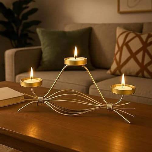 CORALTREE CORAL TREE Handcrafted Golden Metal Tea Light Candle Holder Stand, Elegant Wire Design, 3-Tea Light Display, Gold, 3 Tea Candle Holder - Image 1