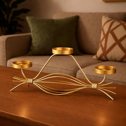 CORALTREE CORAL TREE Handcrafted Golden Metal Tea Light Candle Holder Stand, Elegant Wire Design, 3-Tea Light Display, Gold, 3 Tea Candle Holder - Image 2