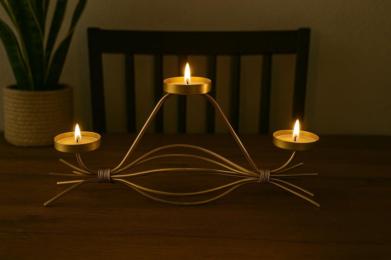 CORALTREE CORAL TREE Handcrafted Golden Metal Tea Light Candle Holder Stand, Elegant Wire Design, 3-Tea Light Display, Gold, 3 Tea Candle Holder - Image 3