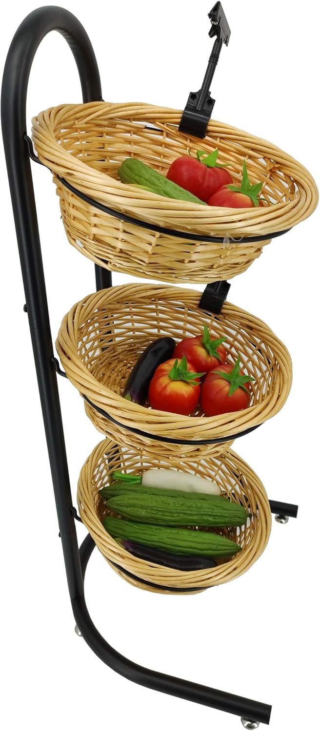 FixtureDisplays FixtureDisplays 3 Tier Wicker Basket Metal Stand with Sign Clips Market Basket Storage Organizer 19425 - Image 3