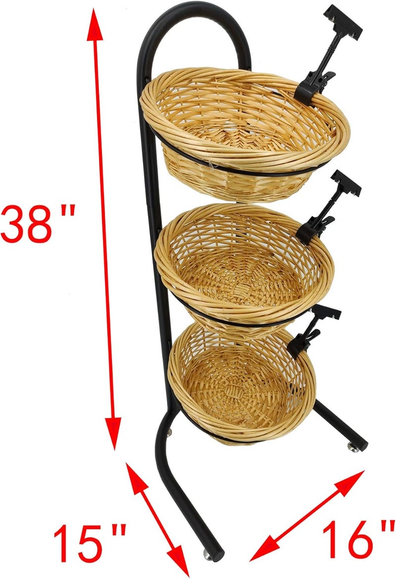 FixtureDisplays FixtureDisplays 3 Tier Wicker Basket Metal Stand with Sign Clips Market Basket Storage Organizer 19425 - Image 5