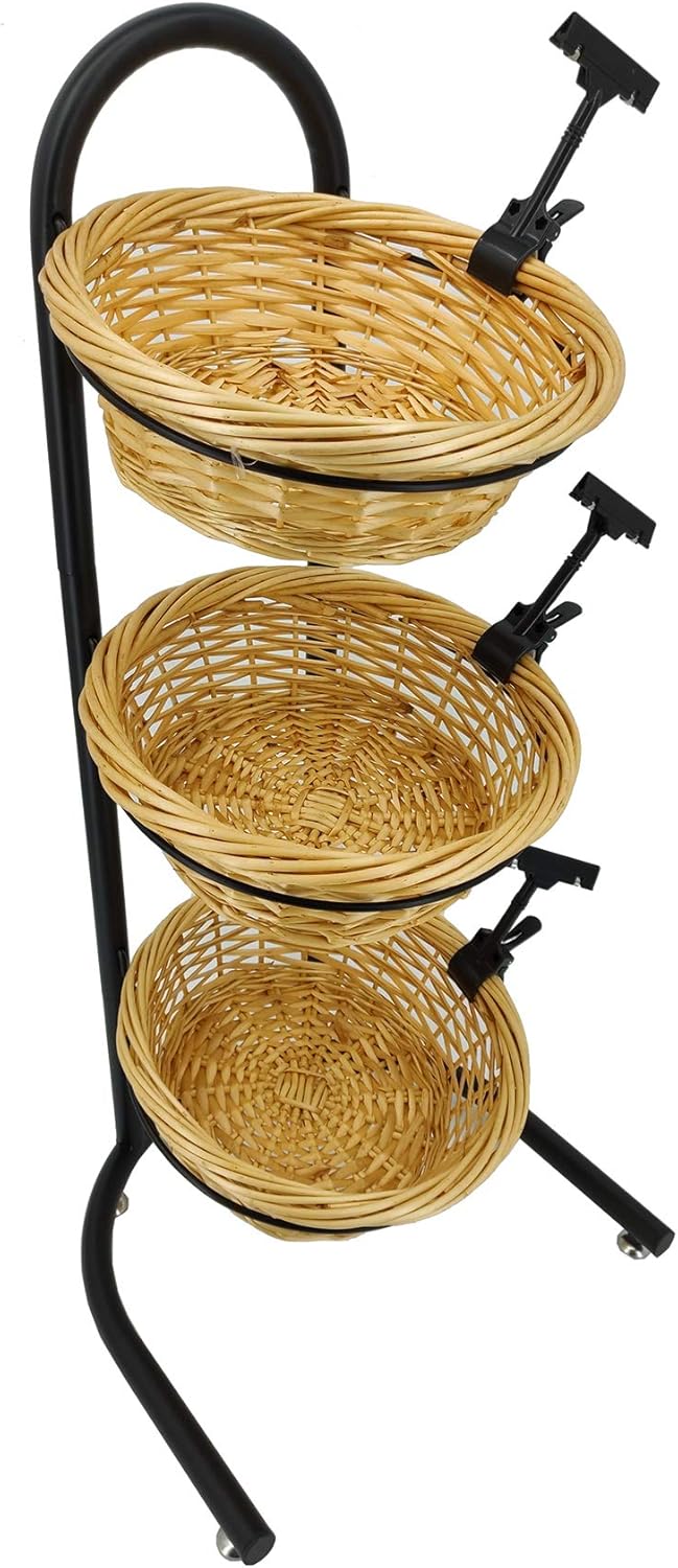FixtureDisplays FixtureDisplays 3 Tier Wicker Basket Metal Stand with Sign Clips Market Basket Storage Organizer 19425 - Image 2