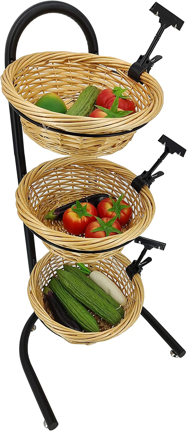 FixtureDisplays FixtureDisplays 3 Tier Wicker Basket Metal Stand with Sign Clips Market Basket Storage Organizer 19425 - Image 1