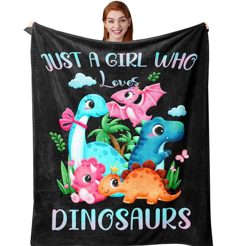 Amonee-YL Dinosaur Blanket  Dinosaur Gifts  Dinosaur Gifts for Girls  Just A Girl Who Loves Dinosaurs  Dinosaur Blanket for Girls 40""X50""  Dinosaur Party Decorations  Gifts for Dinosaur Lovers - Image 1