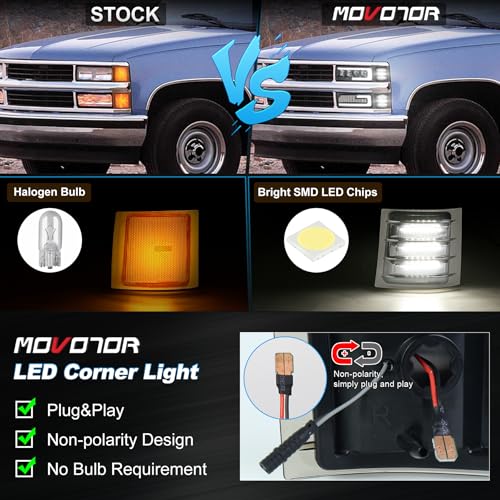 MOVOTOR LED Side Marker Light Assembly with White Sequential Turn Signal LED Front Corner Lights Compatible with 1994-1998 Chevy C/K 1500 2500 3500 C10 Silverado Tahoe Suburban(NOT FIT for GMC) - Image 3