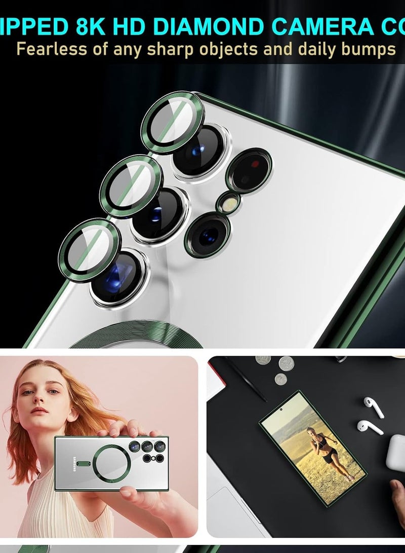 Ipefet for Samsung Galaxy S24 Ultra Case Magnetic Clear with Camera Lens Protector Full Protection MagSafe Electroplated Silicone Slim Fit Shockproof Protective Case Cover - Green - Image 3