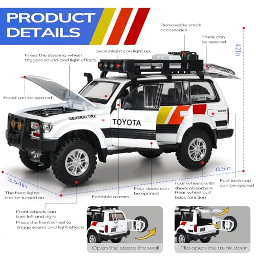 FRJV Toy Cars for Boys Diecast Cars 1 24 Scale Compatible with Land Cruiser LC80 Car Model CollectiblePull Back Toy Car with Lights and SoundsToy Cars for Boys Age 47White - Image 5