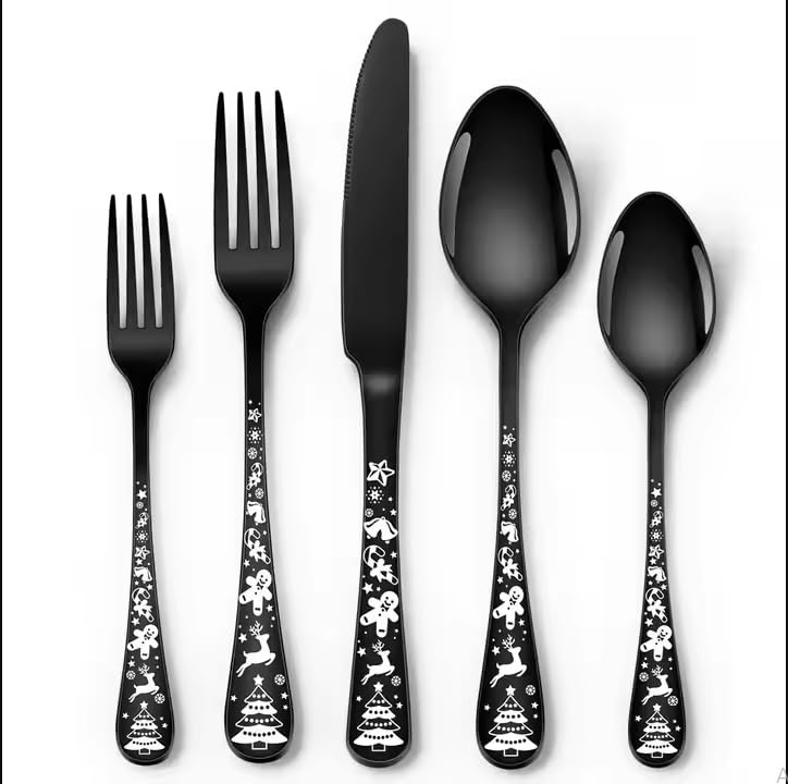 DANSR DANSR Flatware Christmas Pattern Handle Serving Utensils Stainless Steel Cutlery Tableware Silverware Fancy Cutlery Set for Home and Restaurant Dining for Hotel Restaurant Household 20 pcs  - Image 2