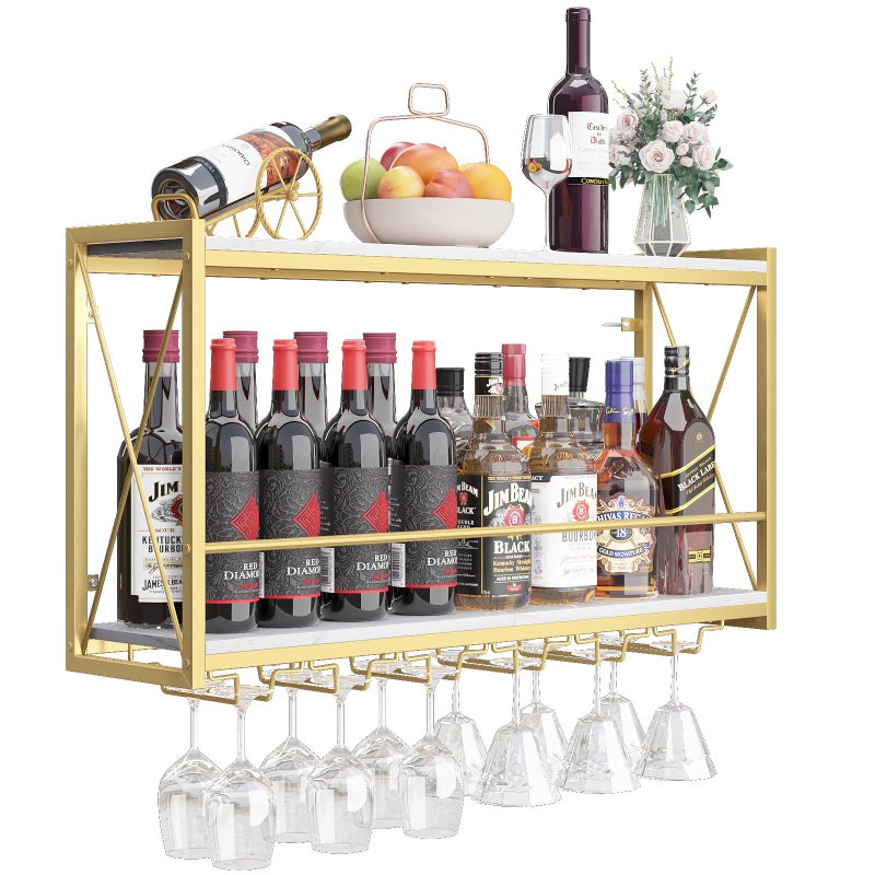Dosker Dokser Wine Rack Wall Mounted Shelf - 2 Tier, Rustic Wood & Industrial Iron Frame Wine Bottle Holder for Kitchen, Dining Room, Home Bar Decor (Gold) - Image 1