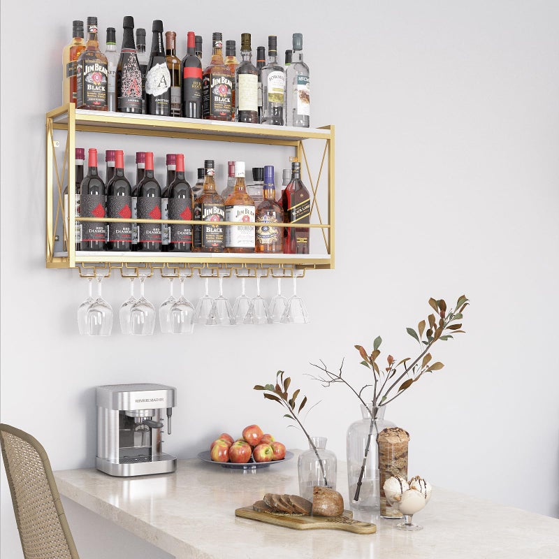 Dosker Dokser Wine Rack Wall Mounted Shelf - 2 Tier, Rustic Wood & Industrial Iron Frame Wine Bottle Holder for Kitchen, Dining Room, Home Bar Decor (Gold) - Image 3