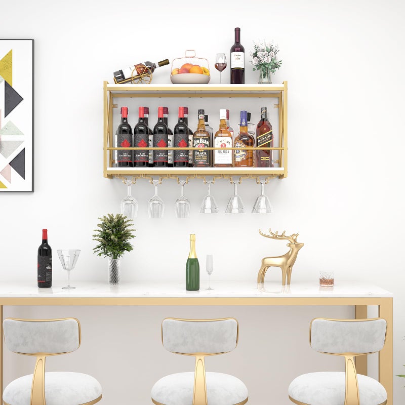 Dosker Dokser Wine Rack Wall Mounted Shelf - 2 Tier, Rustic Wood & Industrial Iron Frame Wine Bottle Holder for Kitchen, Dining Room, Home Bar Decor (Gold) - Image 5
