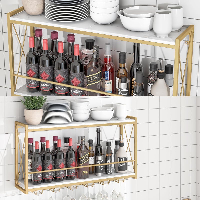Dosker Dokser Wine Rack Wall Mounted Shelf - 2 Tier, Rustic Wood & Industrial Iron Frame Wine Bottle Holder for Kitchen, Dining Room, Home Bar Decor (Gold) - Image 4