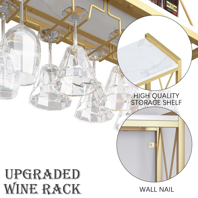Dosker Dokser Wine Rack Wall Mounted Shelf - 2 Tier, Rustic Wood & Industrial Iron Frame Wine Bottle Holder for Kitchen, Dining Room, Home Bar Decor (Gold) - Image 2