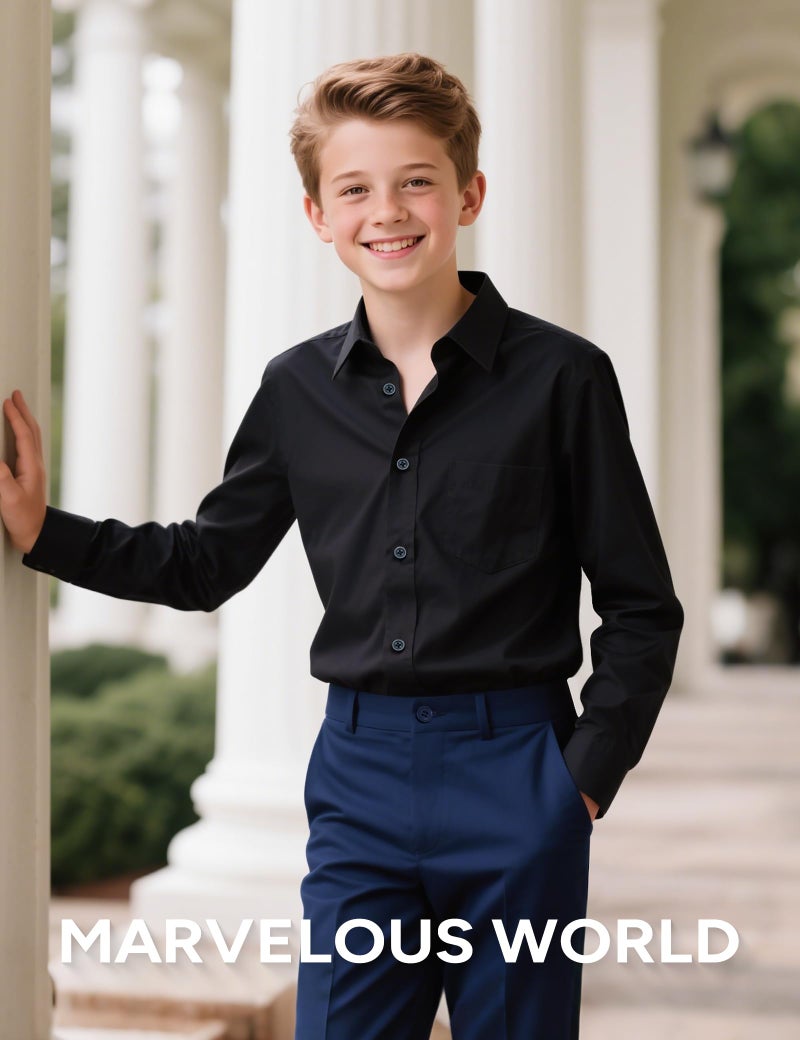 Marvelous World Boys' Long Sleeve Solid Buttoned Cuffs Dress Shirt Kids Casual Button Down Shirts Black Size 8 - Image 2