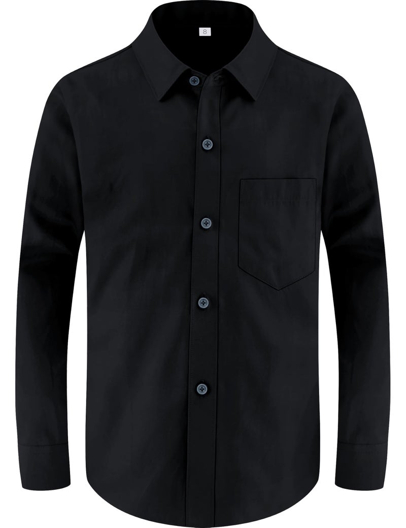 Marvelous World Boys' Long Sleeve Solid Buttoned Cuffs Dress Shirt Kids Casual Button Down Shirts Black Size 8 - Image 1