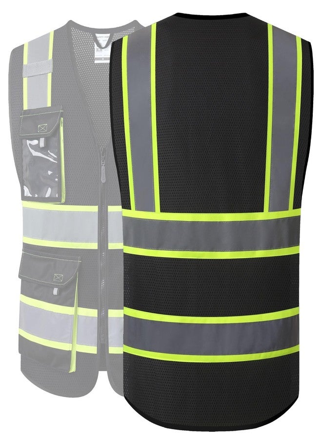 JKSafety سترات أمان عاكسة عالية الوضوح للرجال والنساء من JKSafety، سترة عالية الوضوح مزودة بجيوب، مصنوعة من نسيج شبكي، ملابس أمان، سترة نيون للعمل (220-أسود S) - Image 5