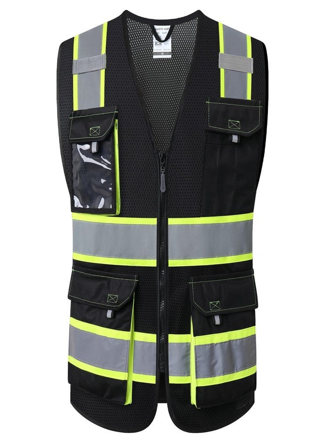 JKSafety سترات أمان عاكسة عالية الوضوح للرجال والنساء من JKSafety، سترة عالية الوضوح مزودة بجيوب، مصنوعة من نسيج شبكي، ملابس أمان، سترة نيون للعمل (220-أسود S) - Image 1