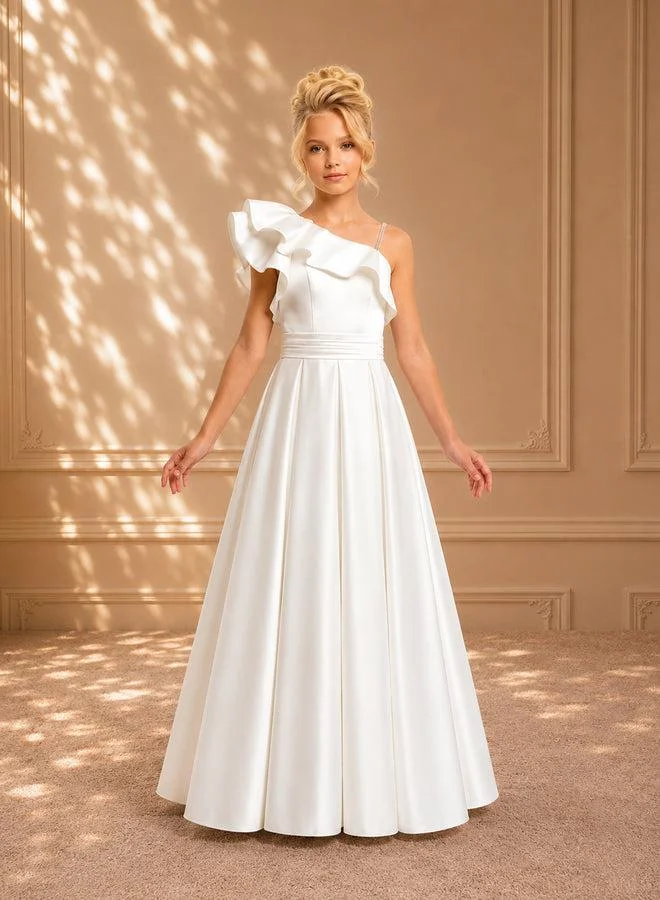 فيا بامبينو Ivory Ruffle One-Shoulder Satin Gown 7113