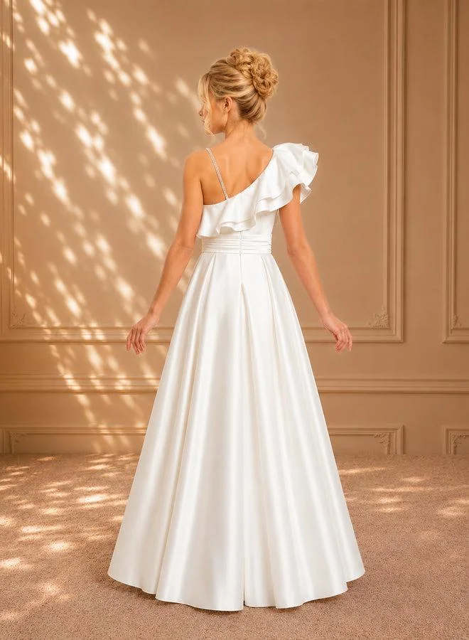 فيا بامبينو Ivory Ruffle One-Shoulder Satin Gown 7113