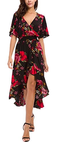 Kormei Womens Short Sleeve Floral High Low V-Neck Flowy Party Long Maxi Dress 2XL Black&Red - Image 1
