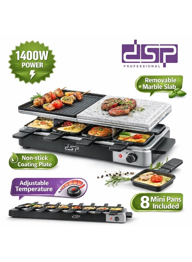 DSB DSP Professional 1400W Raclette Electric Grill – Non-stick grilling surface + marble plate – 8 individual trays – Full temperature control. Cooks a variety of foods simultaneously (meat, vegetables, chicken, cheese, seafood, potatoes, bread) for families and gatherings. Healthy grilling. KB1084U - Black - Image 1