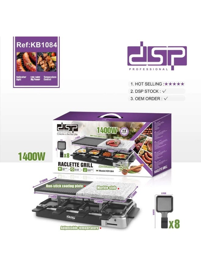 DSB DSP Professional 1400W Raclette Electric Grill – Non-stick grilling surface + marble plate – 8 individual trays – Full temperature control. Cooks a variety of foods simultaneously (meat, vegetables, chicken, cheese, seafood, potatoes, bread) for families and gatherings. Healthy grilling. KB1084U - Black - Image 2