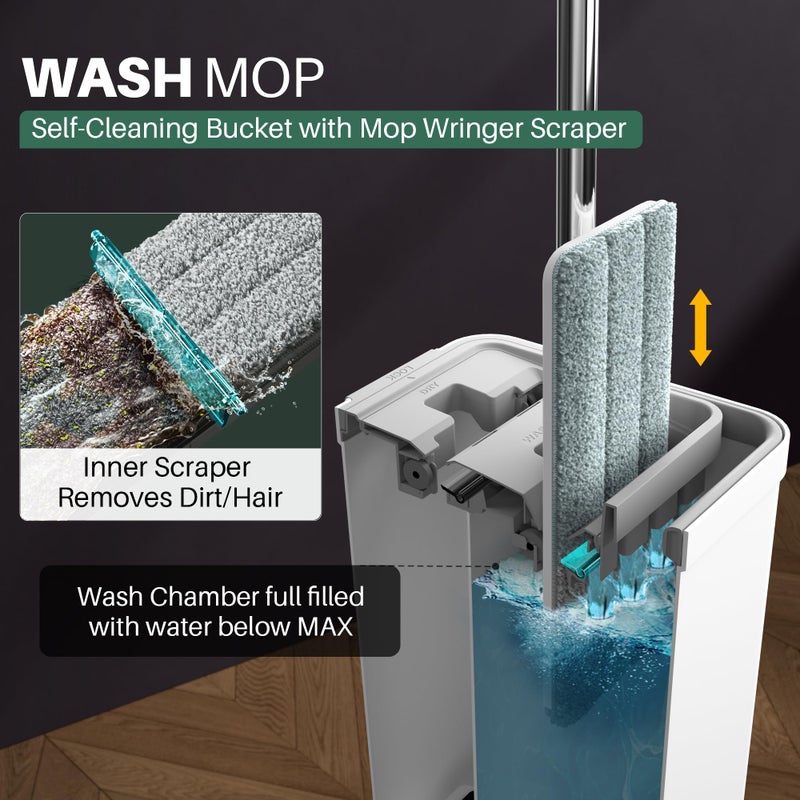 JOYMOOP Mop and Bucket with Wringer Set, White Flat Squeeze Mop Bucket Set for Floor Cleaning, Wet Dry Mop for Wall Cleaner with Long Handle, Hardwood Floor Mop with 4 Microfiber Cloths - Image 2