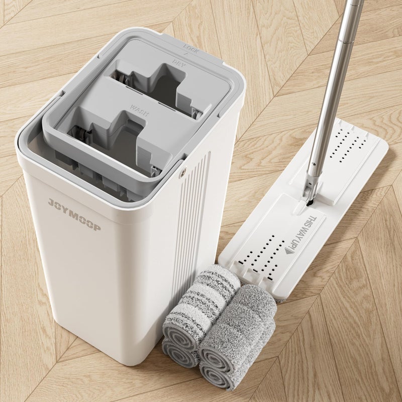 JOYMOOP Mop and Bucket with Wringer Set, White Flat Squeeze Mop Bucket Set for Floor Cleaning, Wet Dry Mop for Wall Cleaner with Long Handle, Hardwood Floor Mop with 4 Microfiber Cloths - Image 1