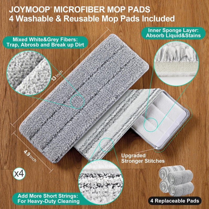 JOYMOOP Mop and Bucket with Wringer Set, White Flat Squeeze Mop Bucket Set for Floor Cleaning, Wet Dry Mop for Wall Cleaner with Long Handle, Hardwood Floor Mop with 4 Microfiber Cloths - Image 5