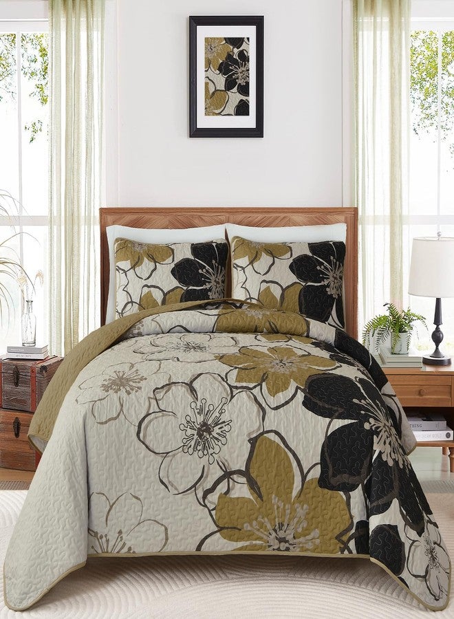 Luxudecor Floral Quilt Set Queen 3 Pieces Black Flower Quilt Coverlet Set with 2 Pillow Cases, Lightweight Soft Microfiber Reversible Boho Bedspread for All Seasons 96"x90" - Image 1