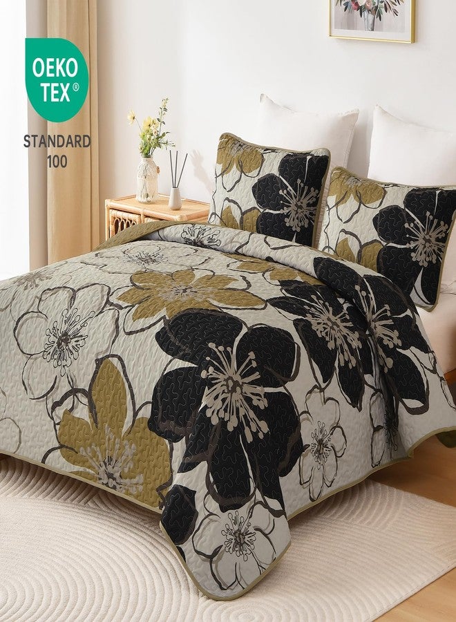 Luxudecor Floral Quilt Set Queen 3 Pieces Black Flower Quilt Coverlet Set with 2 Pillow Cases, Lightweight Soft Microfiber Reversible Boho Bedspread for All Seasons 96"x90" - Image 2