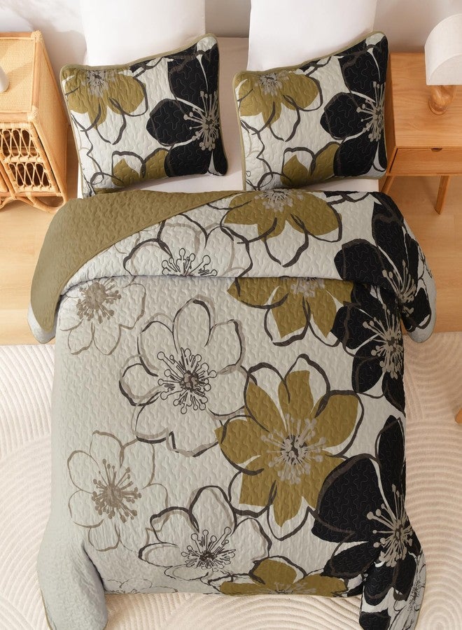 Luxudecor Floral Quilt Set Queen 3 Pieces Black Flower Quilt Coverlet Set with 2 Pillow Cases, Lightweight Soft Microfiber Reversible Boho Bedspread for All Seasons 96"x90" - Image 3